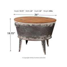 an old fashioned metal tub with wooden top and legs, measurements for the height of the tub