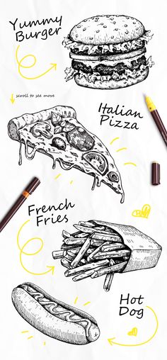 a drawing of different types of sandwiches and french fries