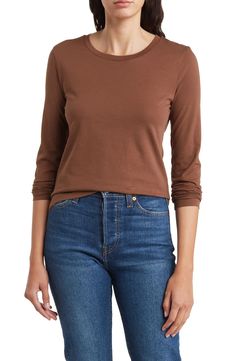 Nordstrom Crewneck Long Sleeve Pima Cotton T-Shirt | Nordstromrack Classic Fitted T-shirt For Fall, Basic Brown Long Sleeve T-shirt, Fitted Cotton Long Sleeve Top, Classic Cotton Tops For Fall, Basic Brown Tops With Relaxed Fit, Basic Brown Relaxed Fit Tops, Basic Cotton Long Sleeve Top, Basic Long Sleeve Brown T-shirt, Brown Long Sleeve Cotton T-shirt