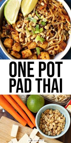 one pot pad thai food with carrots, peanuts and lime