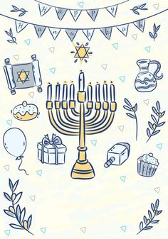 a hanukkah menorah with candles, gifts and decorations around it