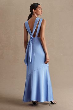 The Significant Other Lana Maxi Dress boasts a high, elegant cowl neckline and an open back for a touch of unforgettable glamour. | Lana Cowl-Neck Tie-Back Satin Maxi Dress by Significant Other in Blue, Women's, Size: 8, Polyester/Satin at Anthropologie Blue Silk Maxi Dress, High Neck Bridesmaid Dresses, Blue Satin Dress, Boat Wedding, Bridal Party Attire, Boston Harbor, Blue Bridesmaid Dress, Party Attire, Blue Maxi