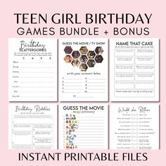 the printable birthday games bundle for girls with text that reads, teen girl birthday games bundle