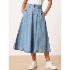 This casual skirt in a flowy flared hem highlights your slim waist and shapes your perfect figure. The Denim fabric is breathable and lightweight to wear, giving you a pleasing wear experience while showing your chic look. The length is just right to cover your hip and leg, elegant and timeless, and easy to create satisfying styles with any tops. The simple but never outdated design makes this durable jean skirt a nice piece for your casual and office choice. Spring Flared Hem Denim Blue Bottoms, Spring Casual A-line Bottoms, Blue A-line Bottoms With Pockets, Spring Denim Blue Flared Bottoms, Spring Flared Hem Lined Skirt Bottoms, A-line Denim Bottoms For Spring, Spring Flared Hem Lined Skirt, Spring Flared Hem Skirt, Spring Flared Bottoms With Lined Skirt