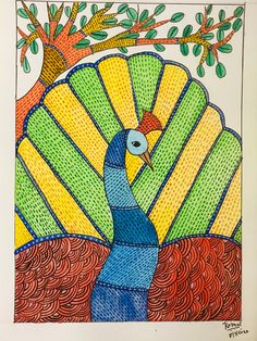 a drawing of a peacock in front of a tree with an orange and green background