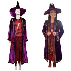 a woman wearing a purple witch costume next to a mannequin dressed in a red dress