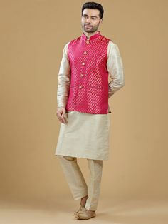 A gold zari brocade vest to pair with any kurta with statement button closures at the front. Occasion: Style this vest with pajama pants and a kurta for a welcome dinner or sangeet night, or style it with a any dress shirt and trousers for a sleek Indian wedding reception look! WASH CARE INSTRUCTIONS - Please Dry clean only. Slight color variation is possible due to digital photography. **Kurta & Pajama not included Wedding Reception Look, Brocade Vest, Sangeet Night, Ceremonial Clothing, Welcome Dinner, Reception Look, Indian Kurta, Indian Wedding Reception, Vest Men