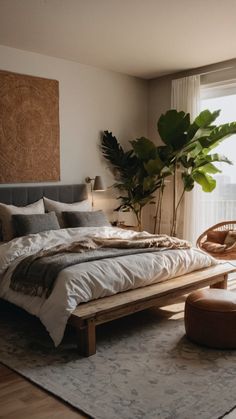 a bedroom with a bed, chair and potted plant