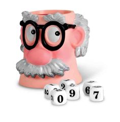 an old man with glasses and eyeglasses next to two dices that spell out the numbers