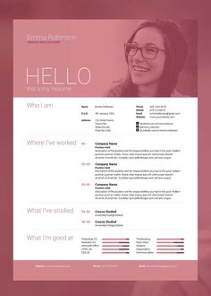 a pink and white resume template with a woman's face in the center,