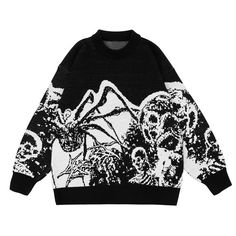 Jacquard Knitwear, Oversized Sweater Men, Goth Sweater, Vintage Knitted Sweater, Spider Skull, Harajuku Anime, Boys Pattern, Sketch Style