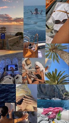 a collage of photos with people on the beach