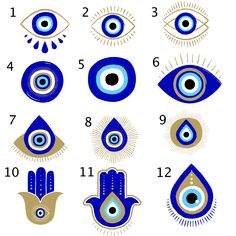 an image of blue and gold evil eye designs on a white background with the numbers 1, 2, 3, 4, 5