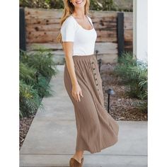 Khaki Elastic Waist Pleated Button Midi Skirt Button Midi Skirt, Petticoat, Maxi Skirt, Midi Skirt, Elastic Waist, Sleek, Elastic, Skirt, How To Wear