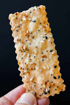 a hand holding up a cracker with sesame seeds and black seed toppings on it