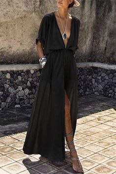 Deep V-neck Solid Color Mid-sleeve Large Swing Split Long Dress Split Long Dress, Deep V, Long Dress, Solid Color, V Neck, Summer Dresses, My Style, Dresses, Color