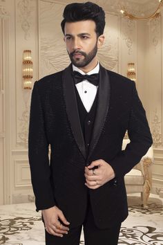 This TUXEDO- R14-S63 showcases stunning black cutdana embroidery, adding a touch of elegance and sophistication to your ensemble. Expertly crafted with precision and attention to detail, this tuxedo is the perfect choice for any formal occasion. Its intricate design is sure to make you stand out in the crowd. Tailored Evening Party Wear Suits, Elegant Tuxedo For Black-tie Festive Events, Black Tuxedo For Evening Party Wear, Black Tuxedo For Evening Party, Black Party Wear Tuxedo For Evening, Tailored Sets For Black-tie Festive Events, Black Fitted Bandhgala For Semi-formal Occasions, Black Tuxedo For Black-tie Gala, Black Tuxedo For Black-tie Gala Events