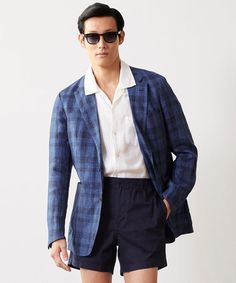 Italian Linen Sportcoat in Blue Check Casual Plaid Sport Coat With Welt Pockets, Casual Plaid Sport Coat For Spring, Casual Blazer With Welt Pockets, Casual Plaid Single-breasted Sport Coat, Casual Plaid Blazer With Notch Lapel, Casual Plaid Blazer For Business, Sweater Polo, Army Knife, Tuxedo Suit