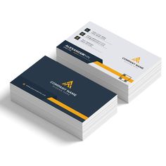 two business cards with yellow and blue accents on the front, one is folded in half