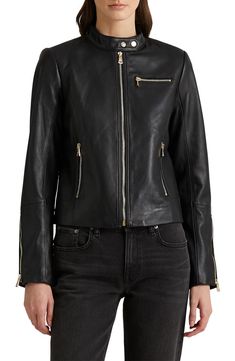 Ralph Lauren Womens Clothing, Ralph Lauren Jacket, Chic Coat, Ralph Lauren Leather, Cropped Leather Jacket, Ralph Lauren Outfits, Leather Moto, Faux Leather Pants, Leather Moto Jacket