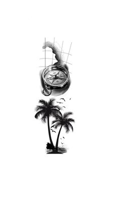 a black and white drawing of palm trees with a compass in the sky above them