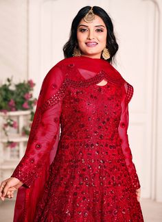 Red Sequence Embroidered Anarkali Suit In usa uk canada Shop Latest Indian Anarkali Suit Collection Of Red Sequence Embroidered Anarkali Suit Online In Australia, Newzeland. This elegant set has a very pretty motif embroidery detailed with zari and sequence work on soft net top with minimalist ruffle details paired with santoon bottom and lining and equally embellished soft net dupatta. Team this beautiful attire with classic pair of heels and golden jewellery to look like a diva. This set compr Red Anarkali Suits, Party Wear Long Gowns, Net Anarkali, Plus Size Lehenga, Red Anarkali, Party Wear Gowns, Long Anarkali, Designer Anarkali Suits, Ethnic Gown