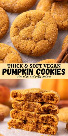 thick and soft vegan pumpkin cookies stacked on top of each other with the title above it