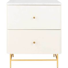 a white and gold nightstand with two drawers on each side, against a white background