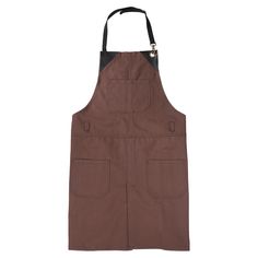 a brown apron with black straps on the front and side, sitting against a white background