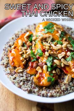 sweet and spicy thai chicken is served on top of rice with garnishes