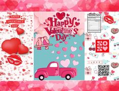 valentine's day greeting card with pink truck and hearts