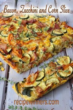 two slices of pizza with bacon, zucchini and corn slice toppings on them