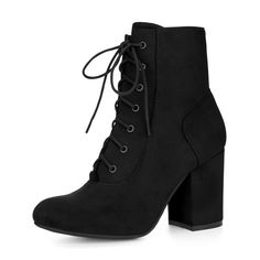 A pair of ankle booties features a lace-up front, a chunky high heel, and a classic rounded toe. A side zipper is added to ease you in and out. Lace Up Booties; Round Toe; Chunky High Heel; Vamp: Faux Suede; Outsole: Rubber; Heel: ABS; Heel Height: 3 3/8 inches; Occasion: Office, Interview, Party, Casual, Halloween days, Christmas Days, Dating, Evening. Elevate your body type and make you naturally look comfortable in your skin and body. Good options for parties, sweet dating, shopping, festival Halloween Costume Boots, Velvet Block Heels, Womens Black Booties, Dr Shoes, Chunky Heel Ankle Boots, Womens Chunky Heels, Shoes Boots Ankle, Block Heel Ankle Boots, Chunky High Heels