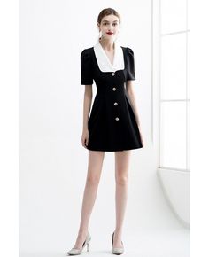 Buy black office chic dress with buttons white collar high quality at affordable price online. Free shipping and pro custom service since 2009. Black Blazer Dress For Business, Elegant Mini Dress With Collar For Work, Elegant Collared Mini Dress For Formal Occasions, Black Collared Dress For Business, Black Knee-length Blazer Dress With Button Closure, Elegant Black Blazer Dress For Business, Knee-length Black Mini Dress For Business, Black Knee-length Mini Dress For Business, White Button Closure Mini Dress For Office