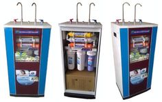 three refrigerators with different types of water and food in them are shown side by side