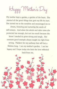 a mother's day card with pink flowers and text on the front, in white background