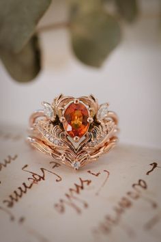 Elf Ring, Gold Leaf Rings, Nature Inspired Engagement Ring, Cute Engagement Rings, Future Engagement Rings, Orange Colour, Nature Ring, Dream Engagement Rings, Orange Sapphire