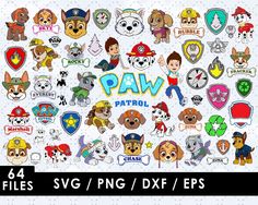 the paw patrol svg bundle is shown in various sizes and colors, including dogs