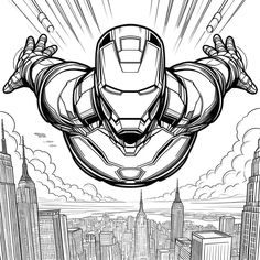 iron man flying over the city with his arms outstretched in front of him, as if he