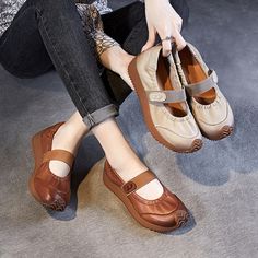 Gender: Women Type: Casual Shoes Main Materials: Cowhide Insole: Pigskin Sole: Rubber Type of Closure: Slip-on Style: Daily, Casual, Retro Season: Spring, Autumn Heel Height: Low (3.5 cm) Comfortable Brown Slip-on Flats, Brown Mary Jane Flats With Round Toe, Beige Slip-on Leather Shoes With Closed Toe, Beige Leather Slip-on Shoes With Closed Toe, Brown Round Toe Flats, Flat Leather Shoes With Branded Insole, Beige Leather Flat Heel Walking Shoes, Beige Leather Walking Shoes With Flat Heel, Brown Flats With Rubber Sole And Round Toe