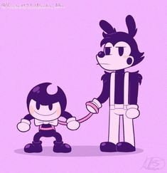 an image of a cartoon character holding hands with another character in front of them on a purple background