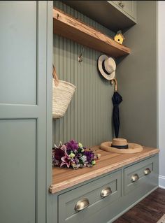 Green Mudroom Built-in Headboard Mudroom, Beadboard Entryway, Boot Room Ideas, Closet Bench, Mudroom Closet, Entryway Closet, Diy Mudroom, Mudroom Decor, Mudroom Entryway