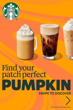 starbucks print ad for pumpkin spicer coffees, featuring two drinks and the caption find your patchperfect pumpkin spicer