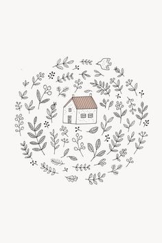 a drawing of a house surrounded by leaves and flowers