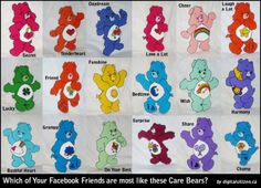 a bunch of different colored teddy bears with the words which of your facebook friends most like these bears?