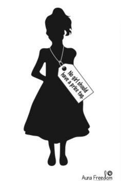 the silhouette of a woman in a dress holding a sign