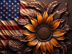 an american flag and sunflower are depicted on a wall with the colors of the united states