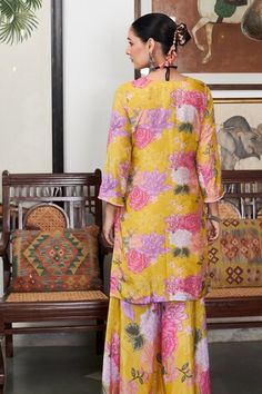 Yellow kurta with floral print and embroidery details. Paired with a printed sharara and dupatta. - Aza Fashions Yellow Floral Print Sharara For Wedding, Yellow Palazzo Set With Printed Motifs For Wedding, Wedding Yellow Palazzo Set With Printed Motifs, Yellow Floral Print Kurta For Wedding, Traditional Yellow Floral Print Sharara, Yellow Floral Print Sharara For Eid, Yellow Printed Motifs Sets For Wedding, Yellow Printed Motif Sets For Wedding, Yellow Sets With Printed Motifs For Wedding