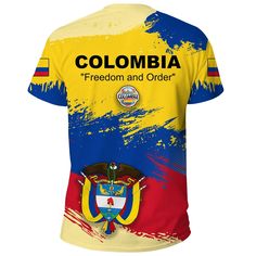 Colombia T Shirts Colombia Flag BrushDescription Our Unisex T-shirt is made of a premium polyester blend, offering maximum comfort with a soft feel. It boasts an all-over print design created through a high-definition heat-dye application that ensures vibrant and long-lasting colors even after multiple washes. This T-shirt’s fabric is durable and resistant to wrinkles, shrinking, and mildew, ensuring its longevity. The thread line color is limited to black or white. Every T-shirt is custom print Printed Short Sleeve T-shirt For Sports Events, Summer Sports T-shirt With All Over Print, Sports Short Sleeve Printed T-shirt, Yellow Casual Sublimation T-shirt With Graphic Print, Yellow Sublimation Print Short Sleeve T-shirt, Sports Printed Short Sleeve T-shirt, Yellow T-shirt With Sublimation Print, Yellow Casual T-shirt With All Over Print, Yellow T-shirt With Sublimation Print Short Sleeves