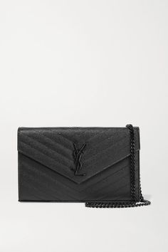 SAINT LAURENT's 'Monogramme' shoulder bag has been made in Italy from quilted textured-leather and punctuated with the brand's iconic 'YSL' plaque. It's fitted with a zipped compartment and 20 card slots so you can forgo a wallet. Detach the chain strap to carry it as a clutch. -- Black textured-leather (Calf) - Snap-fastening front flap - Comes with dust bag - Weighs approximately 1.5lbs/ 0.7kg - Made in Italy Designer Evening Bags With Grained Texture, Chic Formal Wallet On Chain With Logo Plaque, Formal Leather Wallet On Chain With Logo Plaque, Luxury Wallets With Grained Texture For Formal Occasions, Clutch Black, Shoulder Bags For Women, Luxury Women Fashion, Mini Quilt, Designer Shoulder Bags